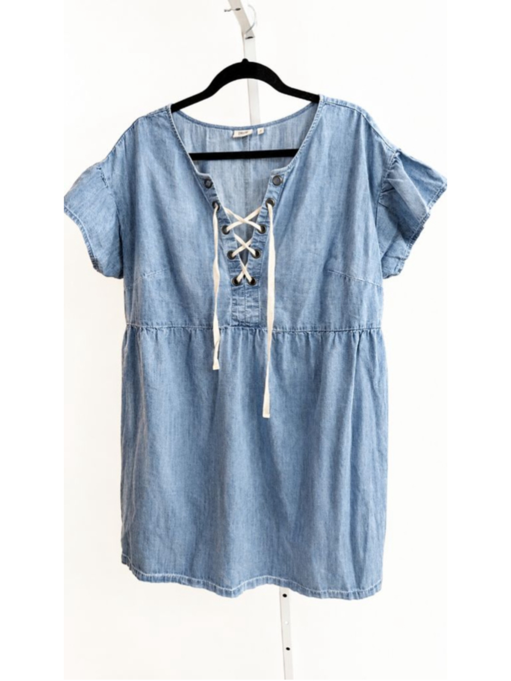 True Craft Chambray Lace Up Tunic Dress Blue 100% Cotton Short Sleeve Boho 1X